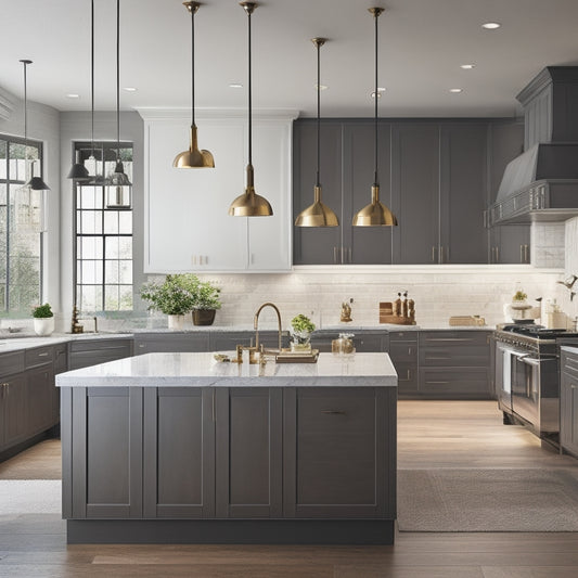 A modern, sleek kitchen with a large island, pendant lights, and a wall of floor-to-ceiling cabinets, surrounded by a subtle grid of measurement lines and faint design sketches.