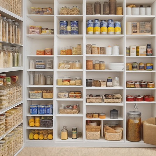 A well-organized pantry featuring adjustable shelf inserts, showcasing various food containers, spices, and canned goods neatly arranged. Natural light filters in, highlighting the vibrant colors of the items and clean lines of the shelves.