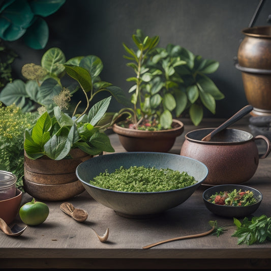 A serene, earthy-toned still life featuring a vibrant, overflowing vegan bowl on a reclaimed wooden table, surrounded by lush greenery, fresh herbs, and a few gardening tools.
