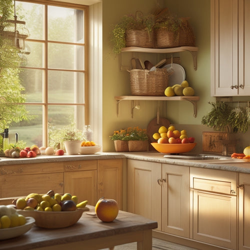 A cozy small kitchen featuring an elegant wooden tiered rack filled with vibrant fruits and herbs, against a backdrop of light-colored cabinets and a sunny window, creating a warm and inviting atmosphere.