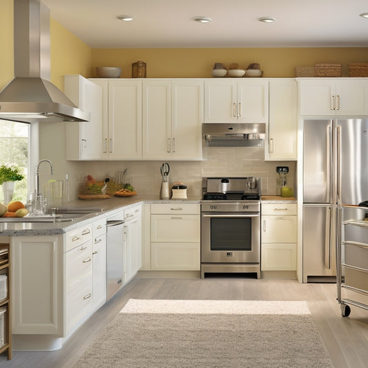 A modern kitchen with cream-colored cabinets, stainless steel appliances, and sleek countertops, featuring an expandable riser with multiple tiers and a built-in utensil organizer.