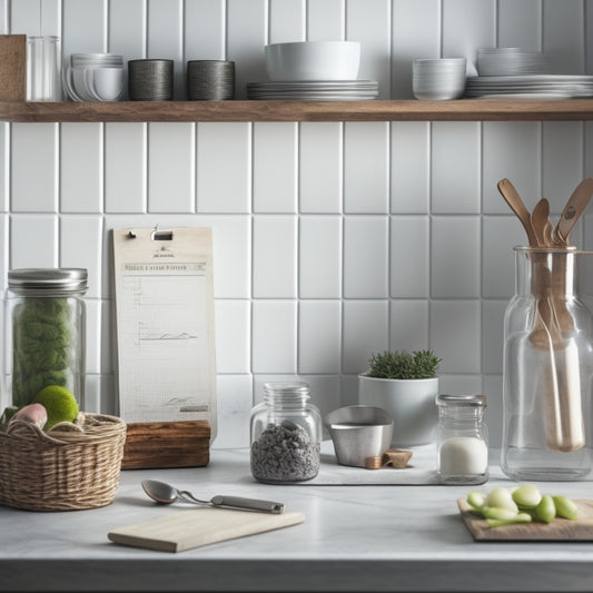 A tidy kitchen countertop with a few neatly organized jars, a decorative utensil holder, and a clipboard with a blank paper and a pen, surrounded by a subtle background of a kitchen wallpaper.