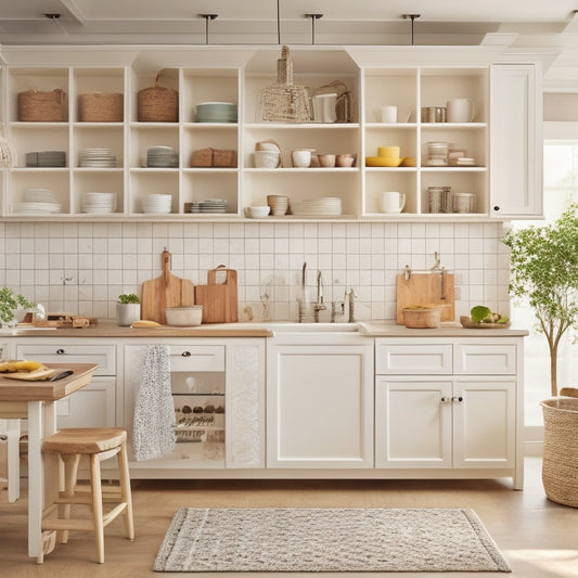 A serene, modern kitchen with cream-colored cabinets, open shelving, and a large island, featuring a pegboard with organized utensils, a utensil organizer, and a few, strategically-placed woven baskets.