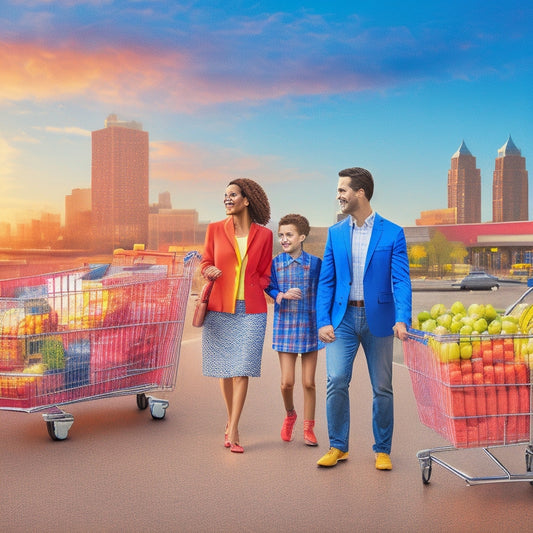 A bright and colorful illustration of a happy family shopping at BJ's Wholesale Club, surrounded by overflowing shopping carts, discount tags, and a cityscape in the background with a subtle warehouse silhouette.