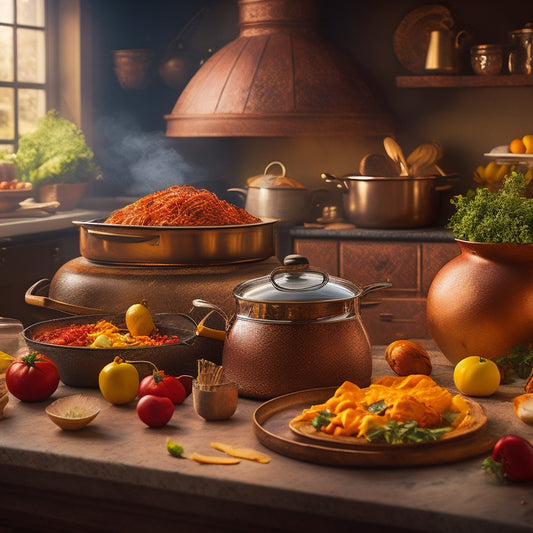 A warm, golden-lit kitchen scene featuring a Wonder Oven, surrounded by an assortment of colorful, steaming dishes and ingredients, with a faint hint of steam rising from the pots.