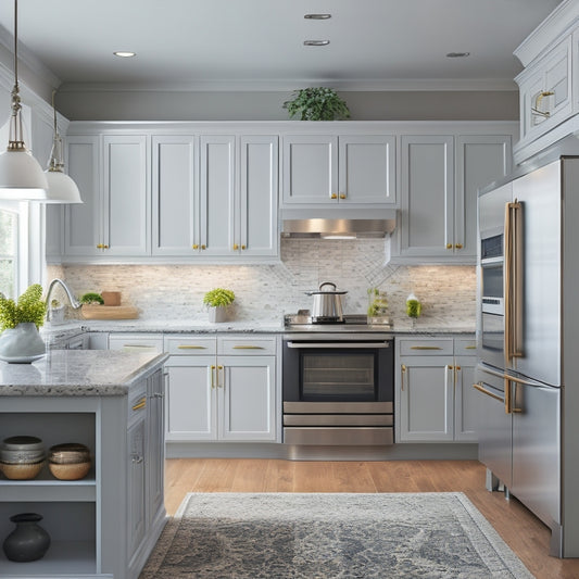 A bright, modern kitchen with refaced cabinets in soft gray and white hues, featuring a mix of flat-panel and raised-panel doors, ornate hardware, and subtle LED lighting underneath the countertops.