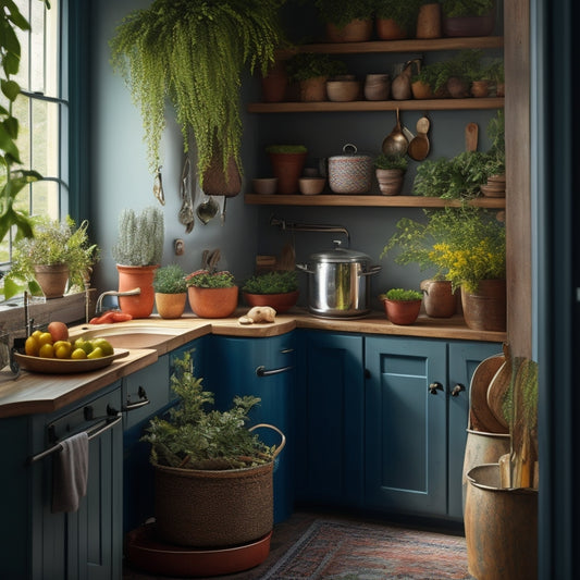 A cozy kitchen corner featuring an over-the-door storage unit with neatly organized pots, pans, and utensils, surrounded by vibrant herbs in small pots and a colorful apron hanging nearby, all in a warm, inviting light.