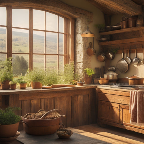 A charming rustic kitchen featuring a weathered wooden hanging rack adorned with vintage pots and herbs, surrounded by warm, earthy tones, exposed beams, and a backdrop of sunlit windows showcasing a picturesque countryside view.