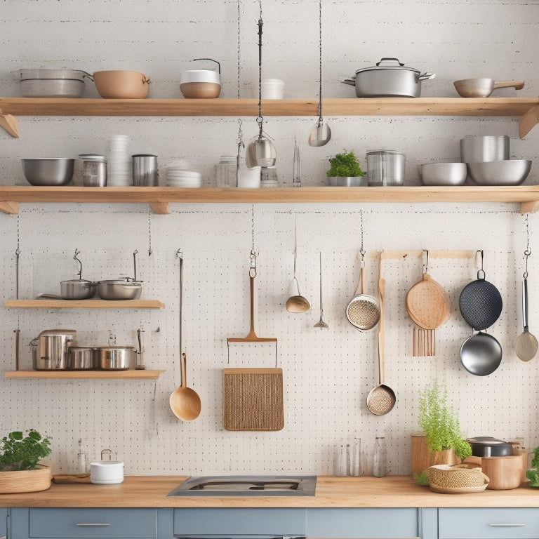 A kitchen with opened upper cabinets, utensils and cookware suspended from ceiling-mounted hooks, and a pegboard with hanging pots and pans, against a light wood or white background.