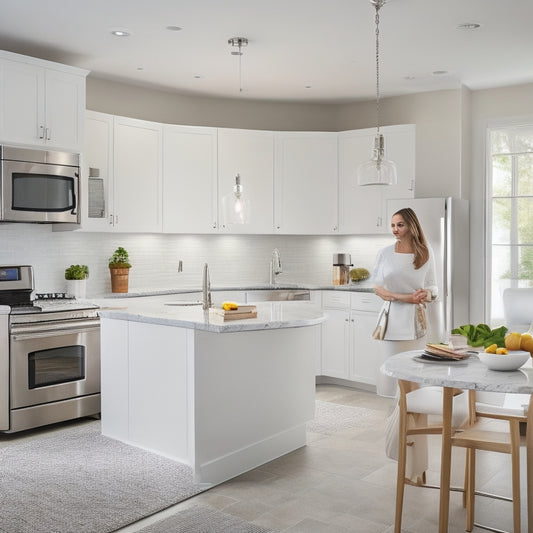 A bright, modern kitchen with sleek white cabinets, marble countertops, and stainless steel appliances, featuring a Matsmalls expert in a crisp white apron, surrounded by design plans and samples.