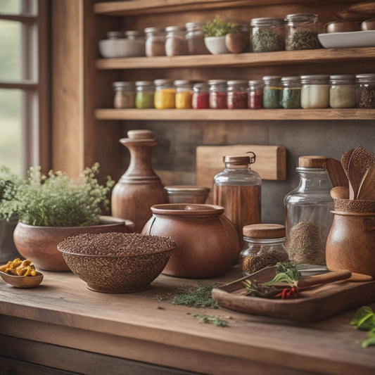 A cozy kitchen scene featuring a handcrafted rustic wooden spice organizer filled with colorful spice jars, surrounded by fresh herbs, wooden utensils, and warm, natural lighting, evoking a charming farmhouse aesthetic.