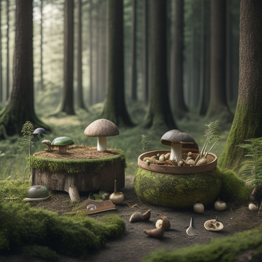 A serene, misty forest scene with various species of mushrooms growing from tree trunks and forest floor, surrounded by lush greenery, with a few scattered gardening tools and a small, wooden cultivation box.