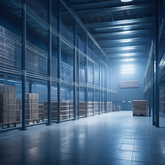 A modern, sleek warehouse interior with a large, mobile storage rack in the center, holding numerous blueprints and architectural drawings, with a subtle, futuristic glow emanating from the rack's metal frame.