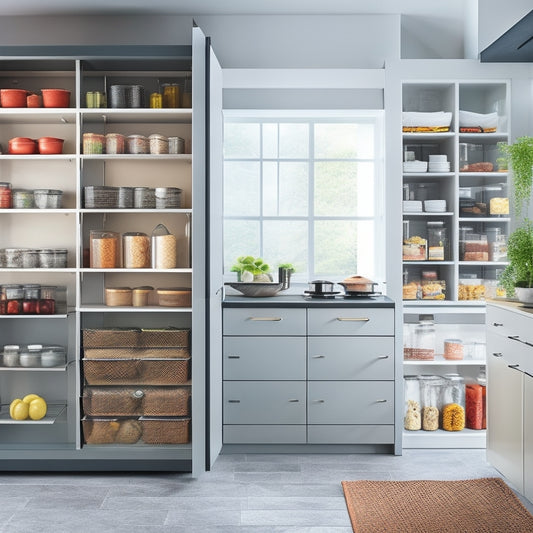A sleek, modern kitchen with modular storage units, featuring clear containers for pantry items, a spice rack, pull-out drawers, and labeled bins, all arranged harmoniously, showcasing a clutter-free and efficient cooking space.