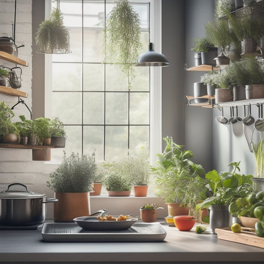 A stylish kitchen with a sleek, modern hanging pot rack filled with various pots and pans, surrounded by vibrant herbs in pots, bright kitchenware, and natural light streaming through a window.