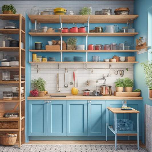 A visually appealing illustration of a compact kitchen with a mix of open and closed shelving, ladder, hooks, and a pegboard, showcasing creative storage solutions for a clutter-free space.