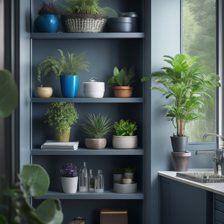 A modern corner cabinet featuring sleek, open shelving, organized pots and pans, vibrant houseplants, and integrated LED lighting, showcasing easy access to kitchen essentials against a bright, airy backdrop.