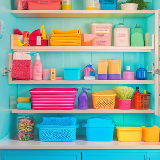 A bright, organized under-sink space featuring tiered racks filled with cleaning supplies, colorful bottles, and neatly arranged sponges. Soft lighting highlights the layers, showcasing efficient use of vertical space and easy accessibility.