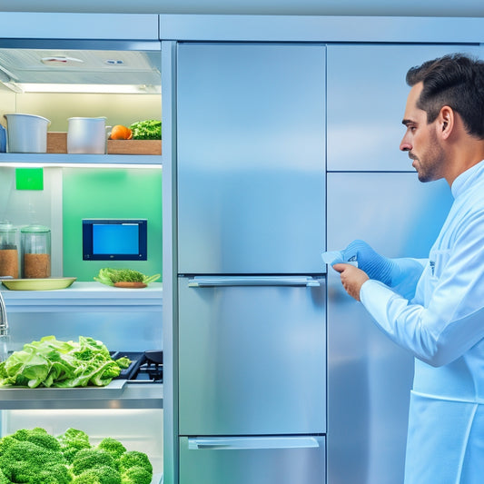 An illustration of a modern, spotless kitchen with stainless steel countertops, a thermometer on a refrigerator, and a chef in a white coat and gloves, inspecting a fresh, crisp head of lettuce.