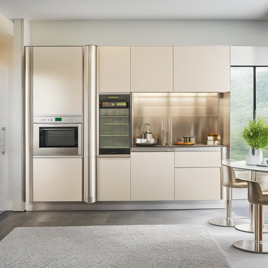 A modern kitchen with sleek, floor-to-ceiling grain storage towers in a metallic finish, featuring transparent glass compartments and automated dispensers, surrounded by a minimalist, all-white background.