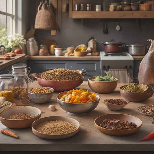 A warm, inviting kitchen scene with a wooden table at center, surrounded by various pet food ingredients like fresh vegetables, lean meats, and whole grains, with a few mixing bowls and utensils scattered around.