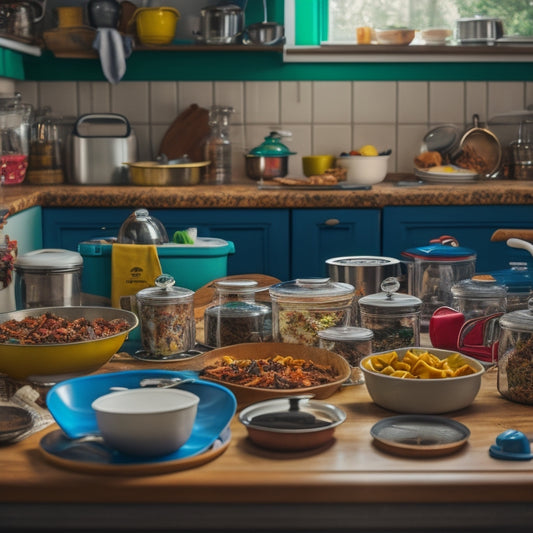 A cluttered kitchen counter with stacks of dirty dishes, overflowing utensil holders, and expired food containers, surrounded by chaotic kitchen gadgets and appliances in the background.
