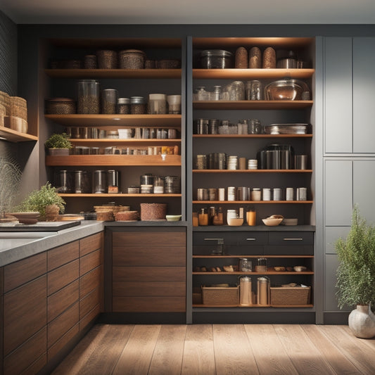 A modern kitchen with elegant pull-out cabinet shelves, showcasing organized spices, canned goods, and cooking utensils. Soft lighting highlights the rich wood tones and sleek design, creating a functional yet stylish atmosphere.