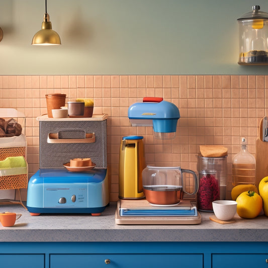 A tidy kitchen countertop with a few small appliances, such as a toaster and blender, placed on a decorative tray, alongside a few baskets and bins with lids, and a pegboard with hooks.