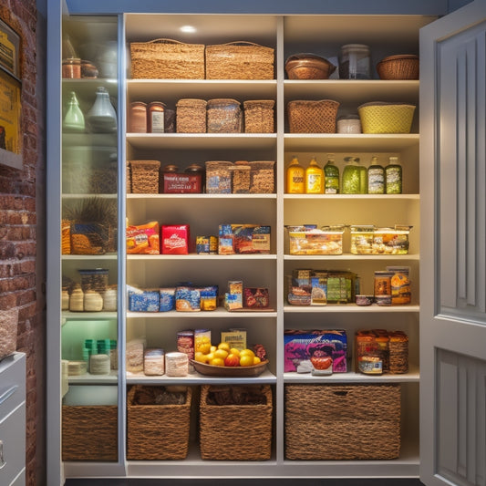 A serene, well-organized pantry with stacked shelves, filled with an assortment of non-perishable food items, water bottles, and a few culinary essentials, illuminated by soft, warm lighting.