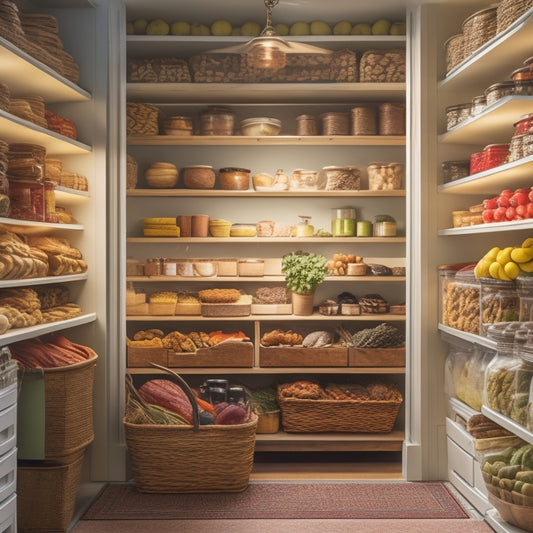 A serene, well-lit pantry with rows of neatly labeled, airtight containers on shelves, filled with various dry goods, and a few baskets of fresh fruits and vegetables in the corner.