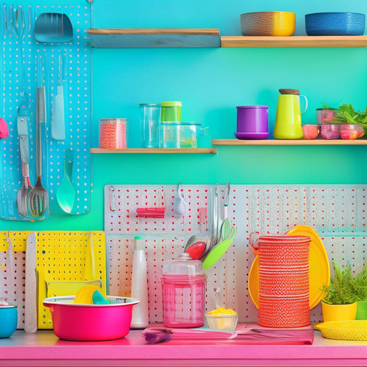 A vibrant kitchen scene featuring a pegboard backsplash adorned with colorful hooks, shelves, and various kitchen utensils like pots, pans, and herbs. Soft natural light highlights the organized, functional beauty of the space.