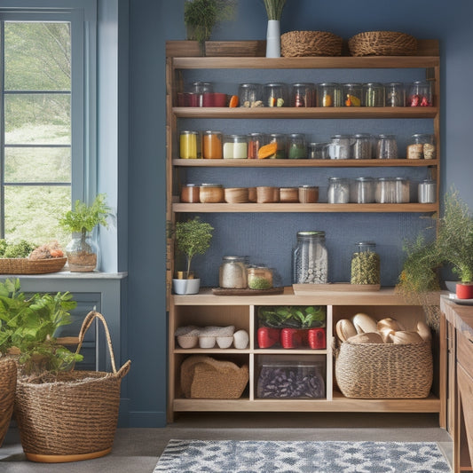 A cozy kitchen featuring a sleek, sliding pantry door, filled with organized jars and baskets. Bright colors pop against warm wood tones, with a small herb garden nearby and stylishly arranged kitchen tools on the counter.