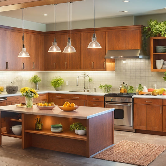 A modern kitchen with sleek, energy-efficient under-cabinet LED lights illuminating vibrant countertops, showcasing fresh ingredients, and reflecting warm wood cabinetry, all bathed in a soft, inviting glow.