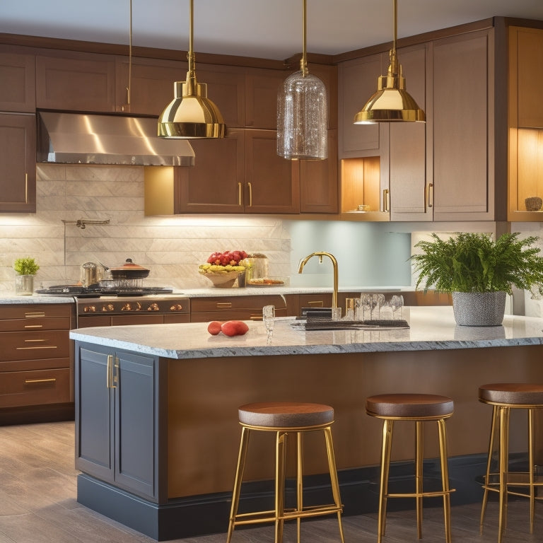 A modern kitchen with sleek, high-gloss cabinets, a large island with built-in wine rack, and a stylish utensil organizer on the backsplash, surrounded by warm, golden lighting.