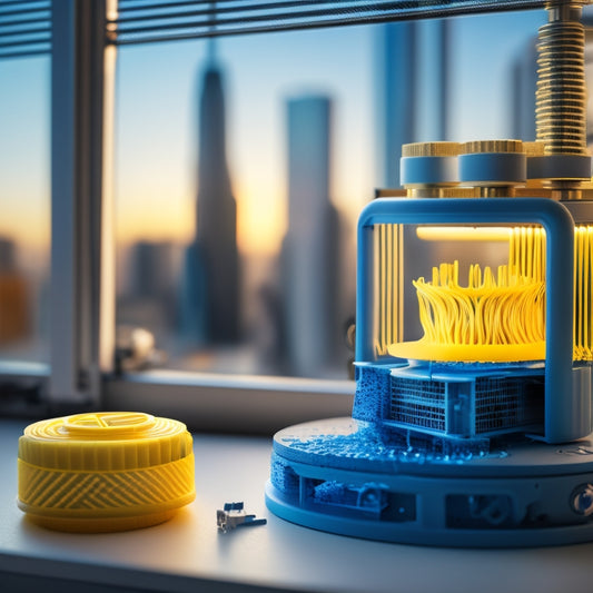 An illustration depicting a 3D printer extruding melted plastic filament in a precise, swirling pattern, surrounded by miniature plastic parts, machinery, and a subtle cityscape in the background.