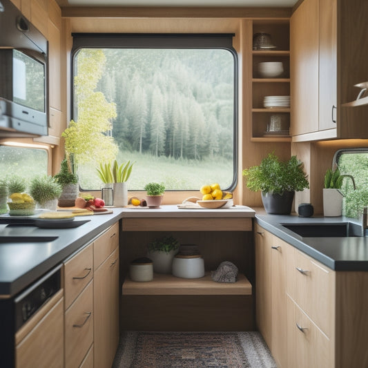 A sleek, modern van interior with a newly installed kitchen storage system featuring wooden cabinets, pull-out drawers, and a fold-down table, surrounded by natural light and lush greenery outside.