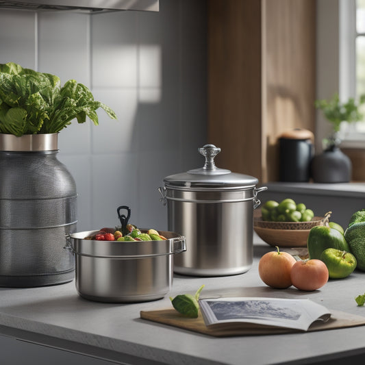 A sleek, modern kitchen countertop with a stainless steel canister featuring a secure screw-top lid, surrounded by fresh produce and a few recipe books, with soft, warm lighting.