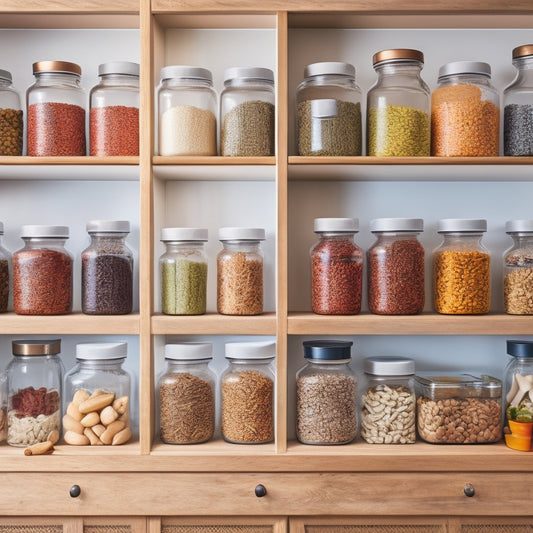 A beautifully organized kitchen cabinet filled with clear, labeled containers, stacked spice jars, and neatly arranged baking sheets, showcasing a harmonious blend of functionality and aesthetics in a warm, inviting kitchen environment.