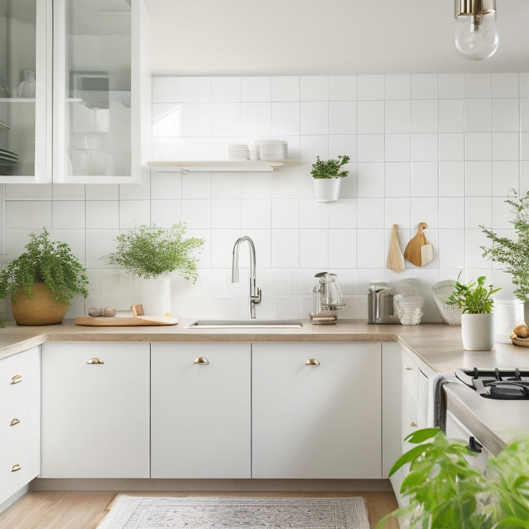 A bright, airy kitchen with a few, carefully placed, sleek utensils and appliances, a small potted herb on the counter, and a minimalist, white-tiled backsplash with subtle, natural light.