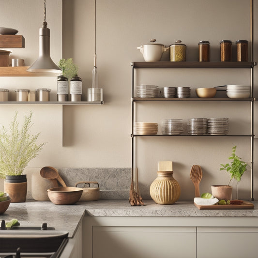 An elegant kitchen scene featuring sleek, modern wall racks filled with neatly arranged spices, utensils, and pots. Soft natural light illuminates the organized space, highlighting the minimalist design against a warm, inviting backdrop.