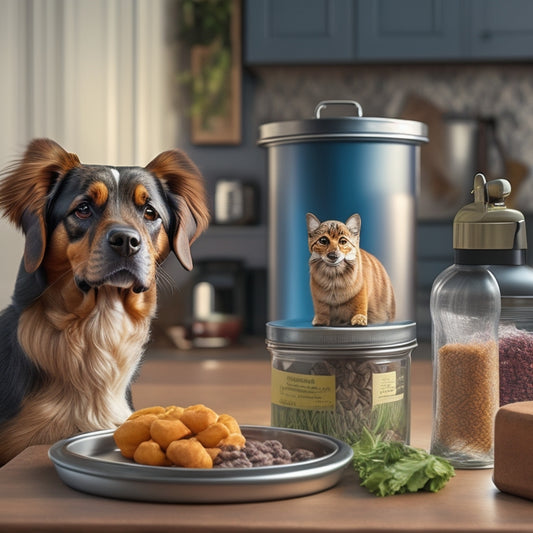 A kitchen counter with a sealed glass container labeled with a paw print, a metal can with a secure lid, and a pet food bag with a zipper closure, surrounded by curious pet faces in the background.