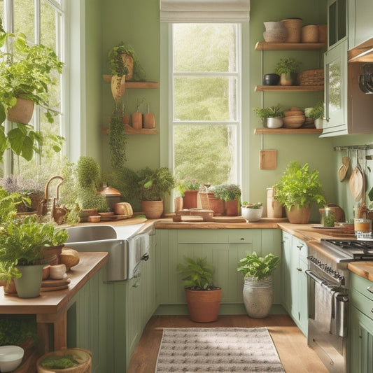 A spacious kitchen with robust foldable shelves holding heavy pots and pans, surrounded by modern appliances, natural light pouring in through a window, and vibrant green plants adding a touch of warmth.