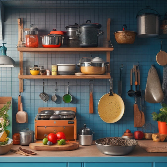 A cluttered small kitchen with pots and pans overflowing from countertops, contrasted with a nearby organized kitchen featuring a pegboard, hanging utensils, and a pull-out spice rack.