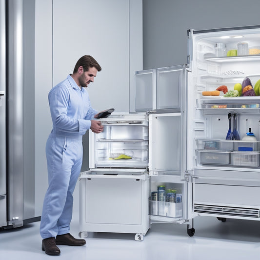 A technician in a crisp white uniform, holding a toolbox, stands in front of a sleek, silver refrigerator with its doors open, surrounded by various tools and appliance parts.
