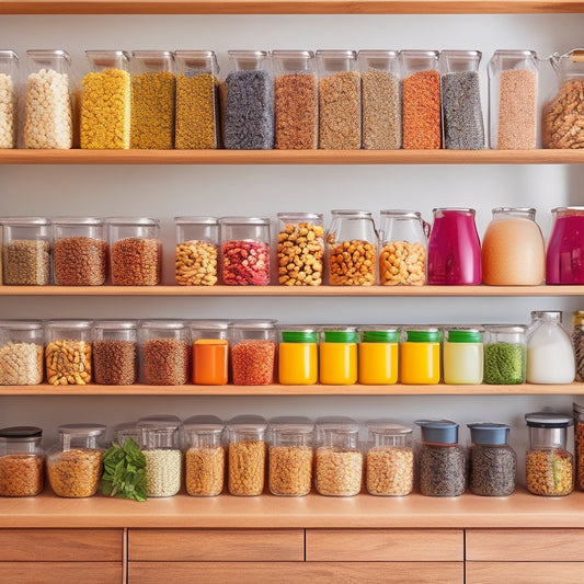 A vibrant pantry scene featuring sleek, transparent stackable kitchen containers filled with colorful grains, nuts, and snacks, neatly arranged on wooden shelves, surrounded by fresh herbs and minimalist kitchen tools, showcasing organized harmony.