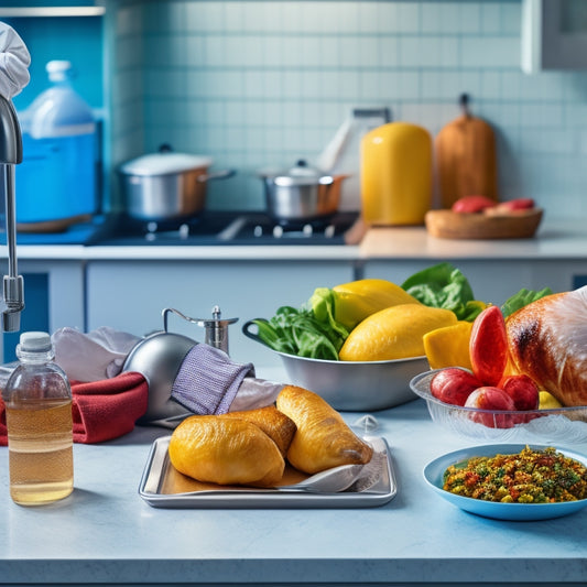 An illustration of a clean kitchen counter with a stainless steel sink, a refrigerator in the background, and a person wearing a hairnet and gloves, holding a thermometer and a plate of raw chicken.