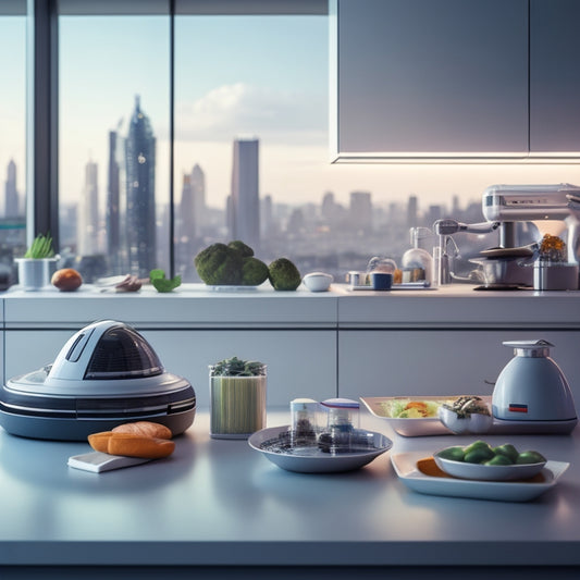 A futuristic kitchen counter with sleek, eco-friendly food containers in various shapes and sizes, surrounded by robots and 3D printers, with a cityscape in the background.