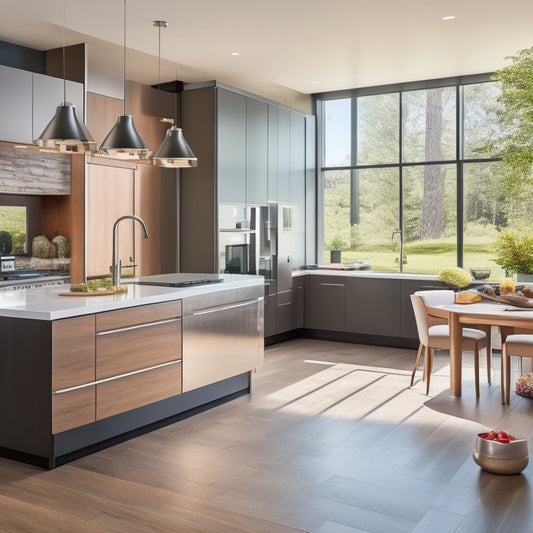 A modern, sleek kitchen with a U-shaped layout, featuring a massive island with built-in sink and cooktop, surrounded by floor-to-ceiling cabinets, stainless steel appliances, and a large window with natural light.