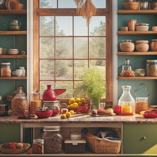 A cozy kitchen scene featuring neatly arranged shelf inserts in vibrant colors, showcasing various sizes and designs. Include spices, cookbooks, and decorative jars, all bathed in warm, natural light filtering through a window.