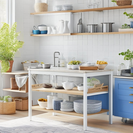 A bright, airy kitchen with repurposed IKEA furniture: a hacked MALM dresser transformed into a kitchen island, RASKOG cart turned utensil organizer, and LERHYTTA shelves reimagined as a coffee station.